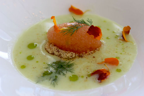 Summer fresh Cucumber Gazpacho with tomato sorbet, almond powder and a hint of mint