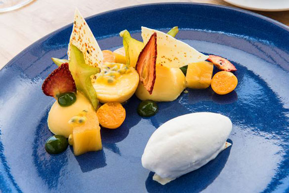 Chef Montinola's gluten-free "Garden of Eden" features passion fruit, strawberries, kiwi and pineapple with white chocolate, Japanese peppers and toasted coconut