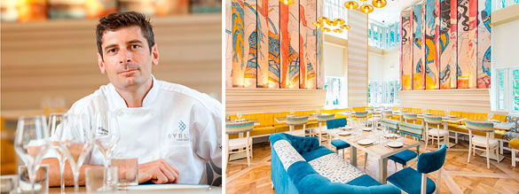 Executive Chef Stuart Cameron and the lofty dining space at Byblos at the Shorecrest Hotel