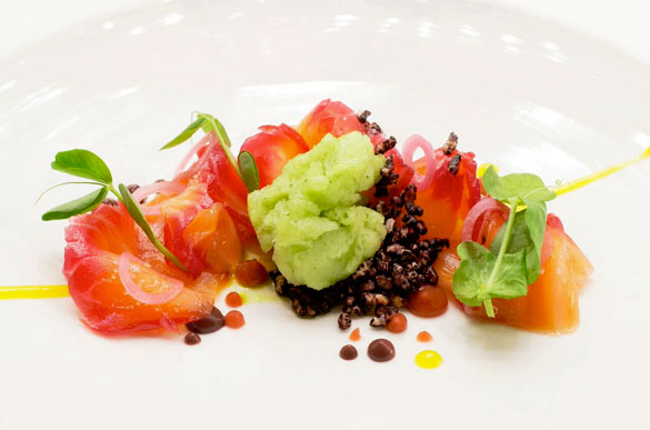 Beet cured salmon with blood orange, forbidden black rice, cucumber and jalapeno