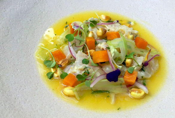 SUGARCANE's Snapper Ceviche with aji amarillo and sweet potato